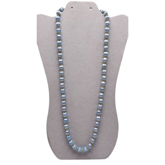 Vintage Blue Satin Bead Necklace With Gold Tone Spacers No Clasp - Picture 1 of 4